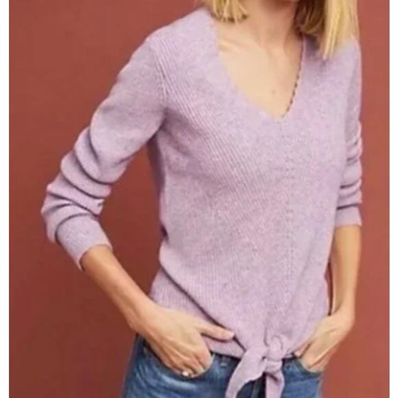 Anthropologie Sweater Purple Pointelle Tie Front Pullover Feminine Cozy Fall - Picture 1 of 7